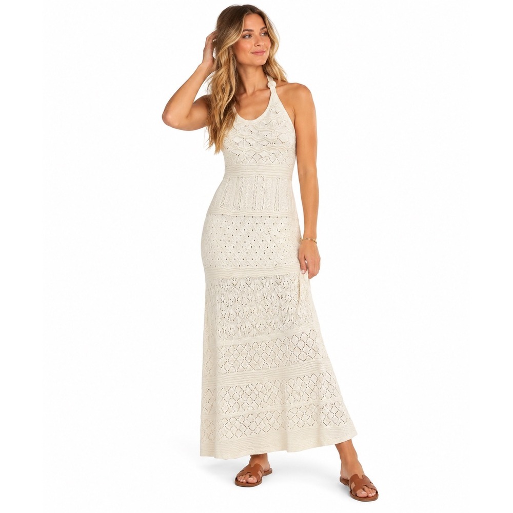 Caroline Constas Cream Crochet Knit Halter Maxi Dress Openwork Resort Boho XS